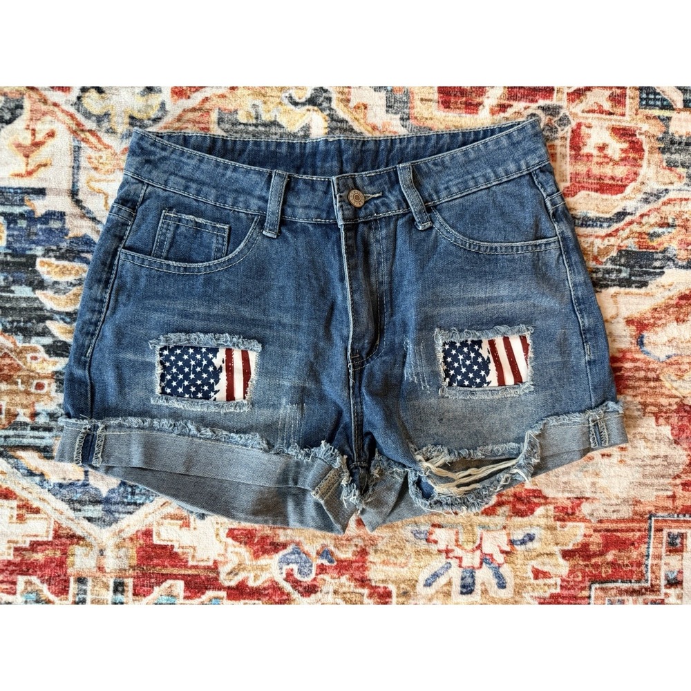 No Brand Women's Mid Rise Distressed American Flag Denim Shorts Size 8